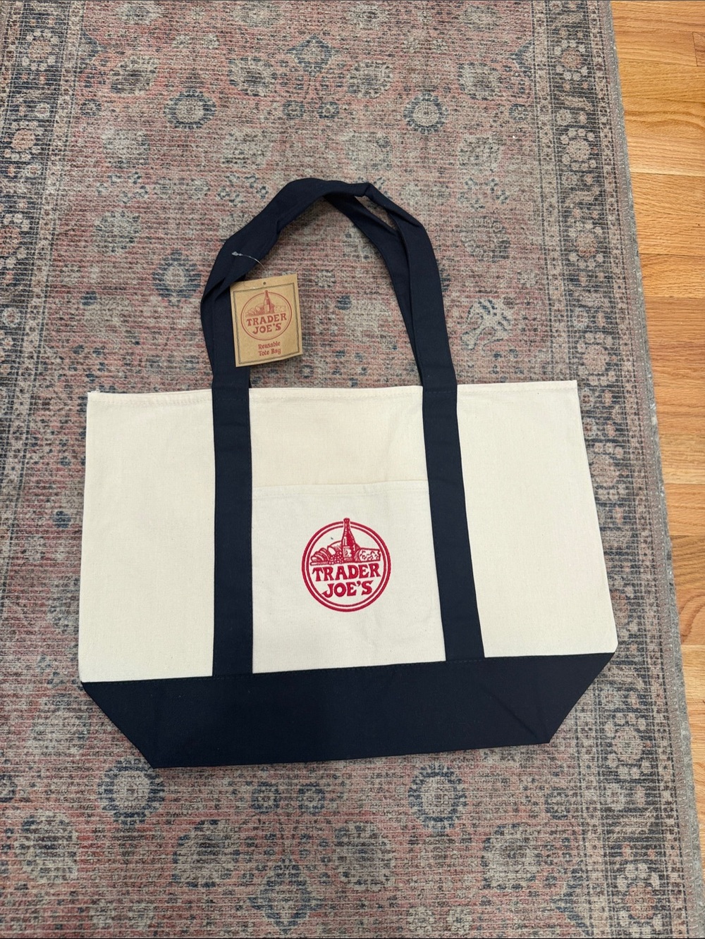 Trader Joe's Cream and Navy Canvas Tote with Red Logo Large